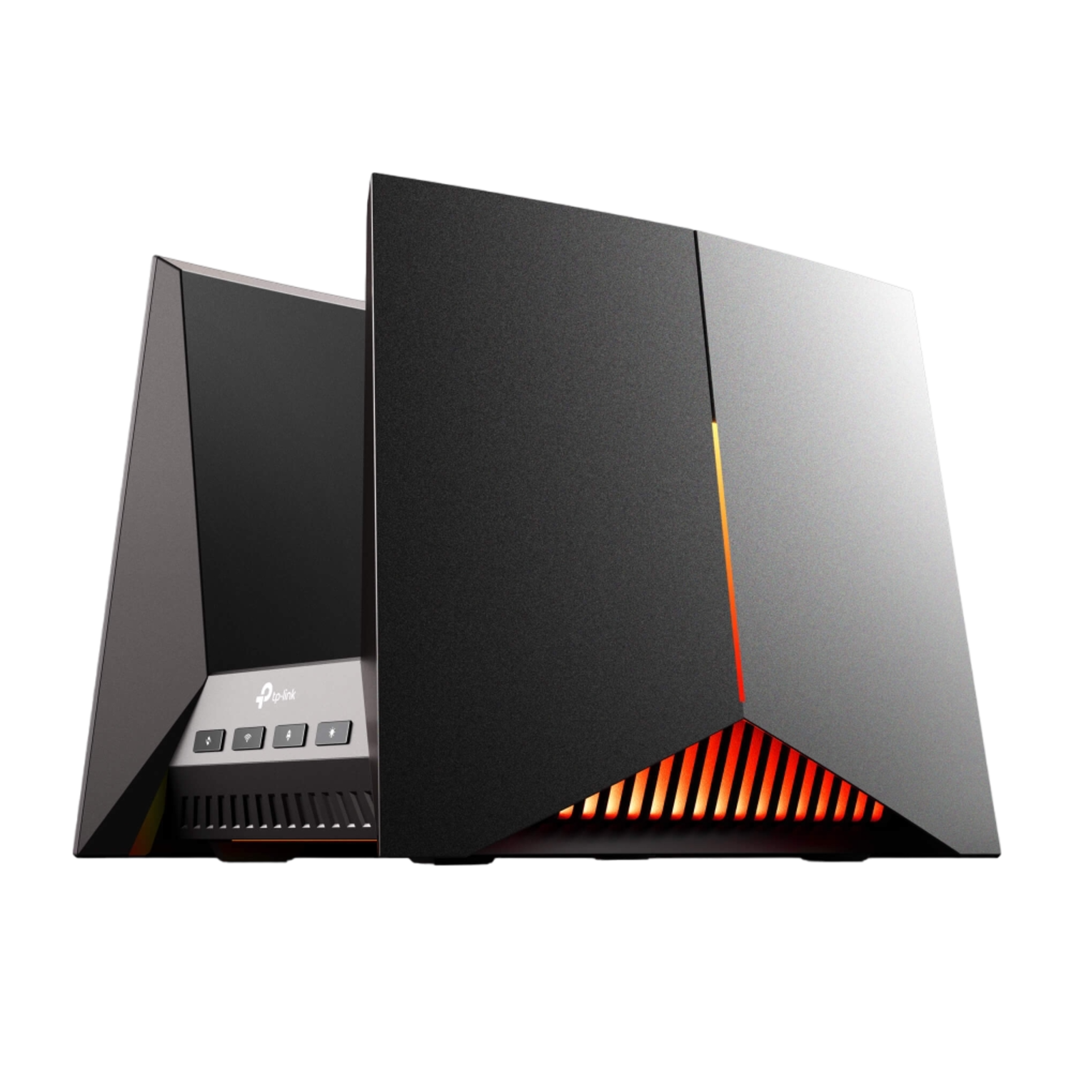 Tour d'ordinateur noire et grise, avec des accents d'éclairage orange et un panneau avant affichant le logo tp-link.