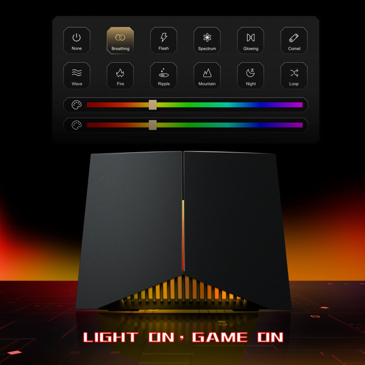 Un appareil de jeu noir avec options de lumière et le texte 'LIGHT ON, GAME ON'.