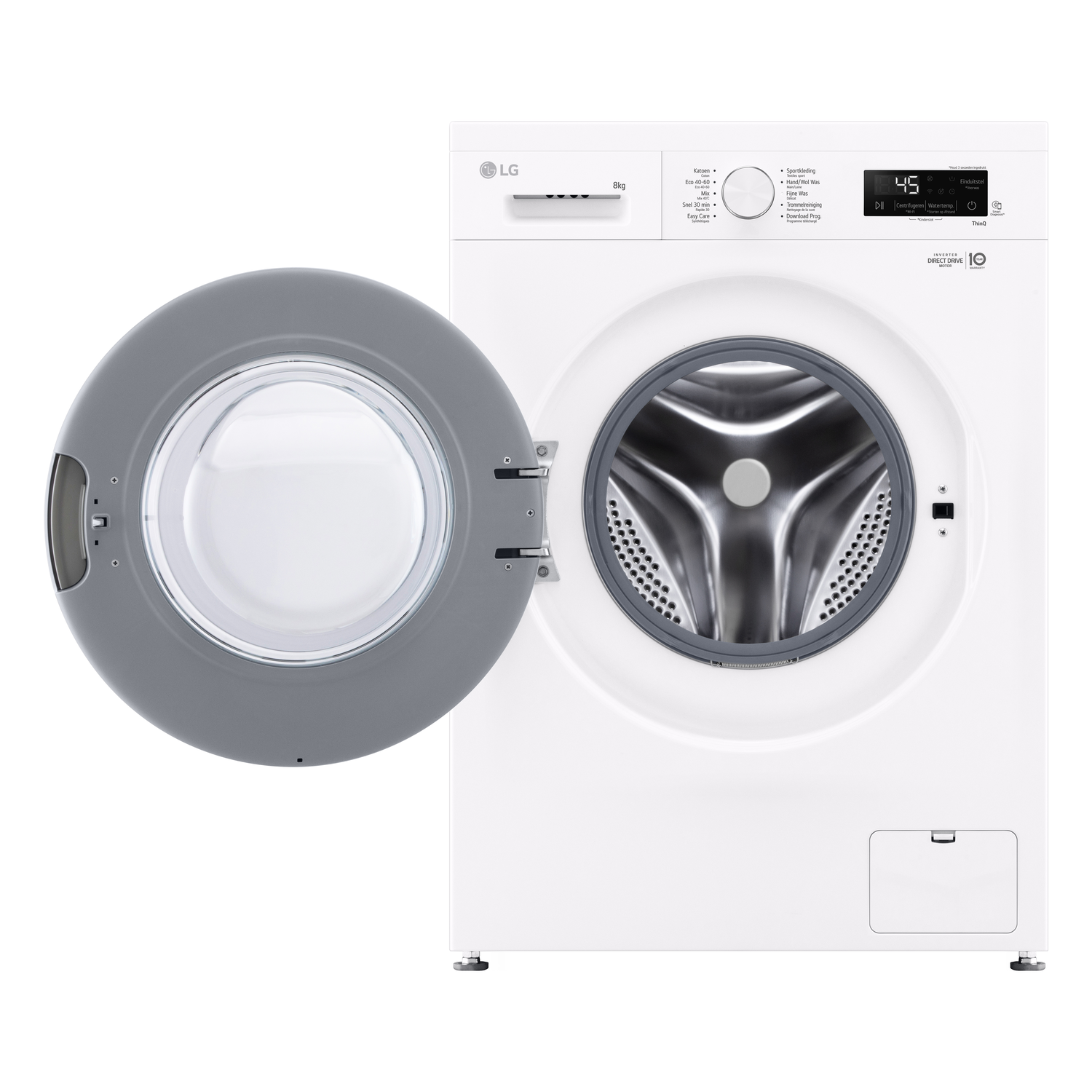 A white washing machine with the door open. It has a gray door and control panel. The brand is LG.