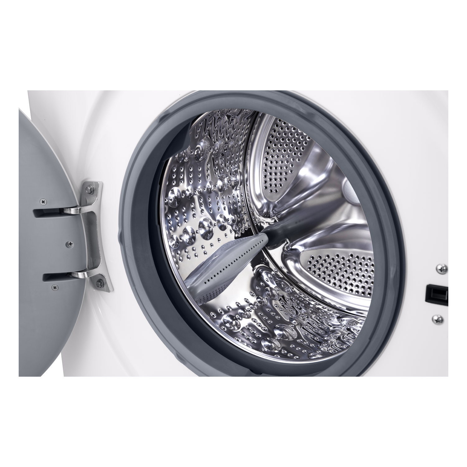 Washing machine drum with an open door. The door has a gray trim. Inside is a silver drum.