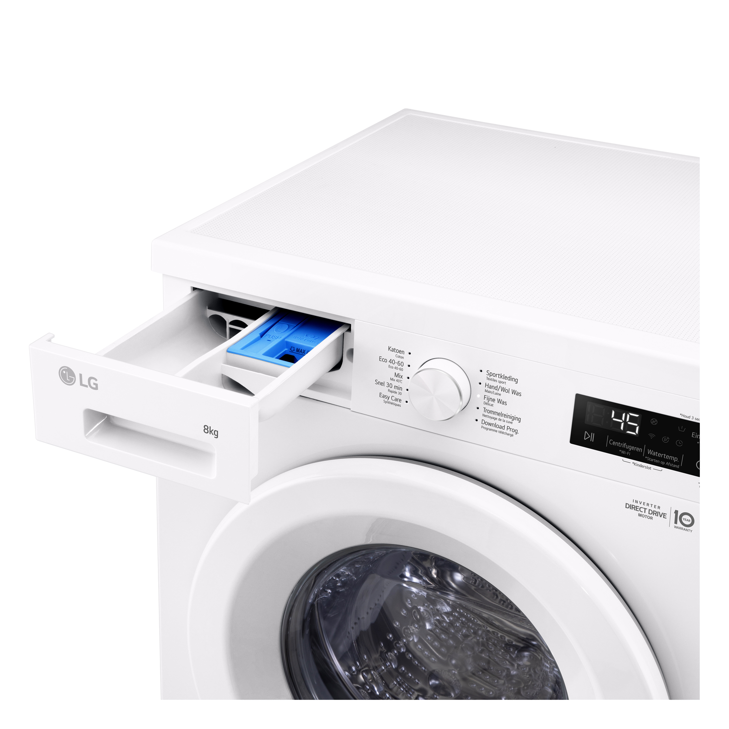 Washing machine with detergent tray open. Shows blue detergent.