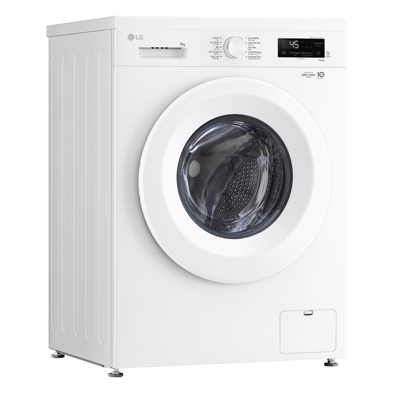 White LG washing machine. Has a round door and digital display. The top has a control panel.