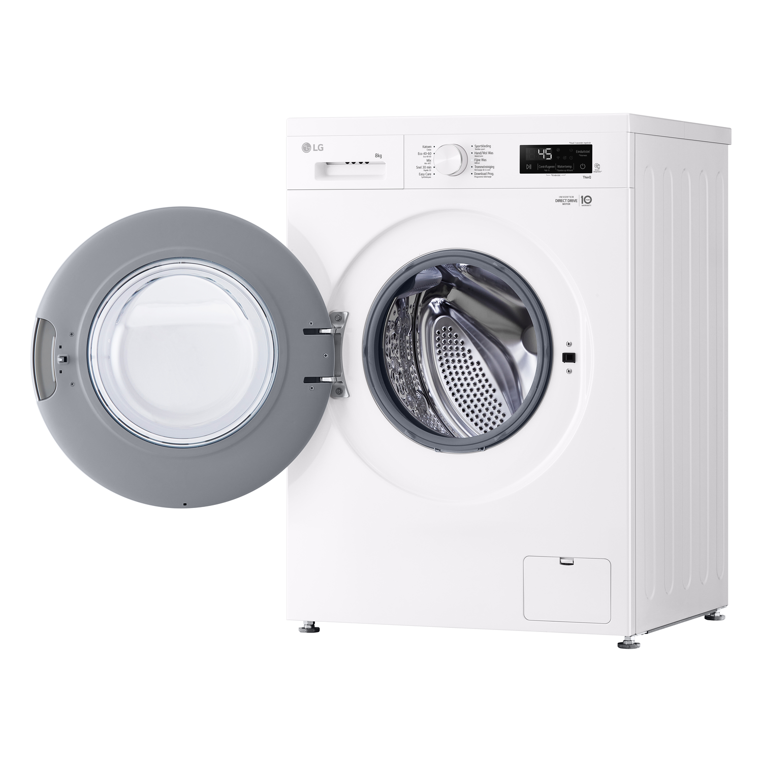 White washing machine, door open. Gray door frame and interior visible.