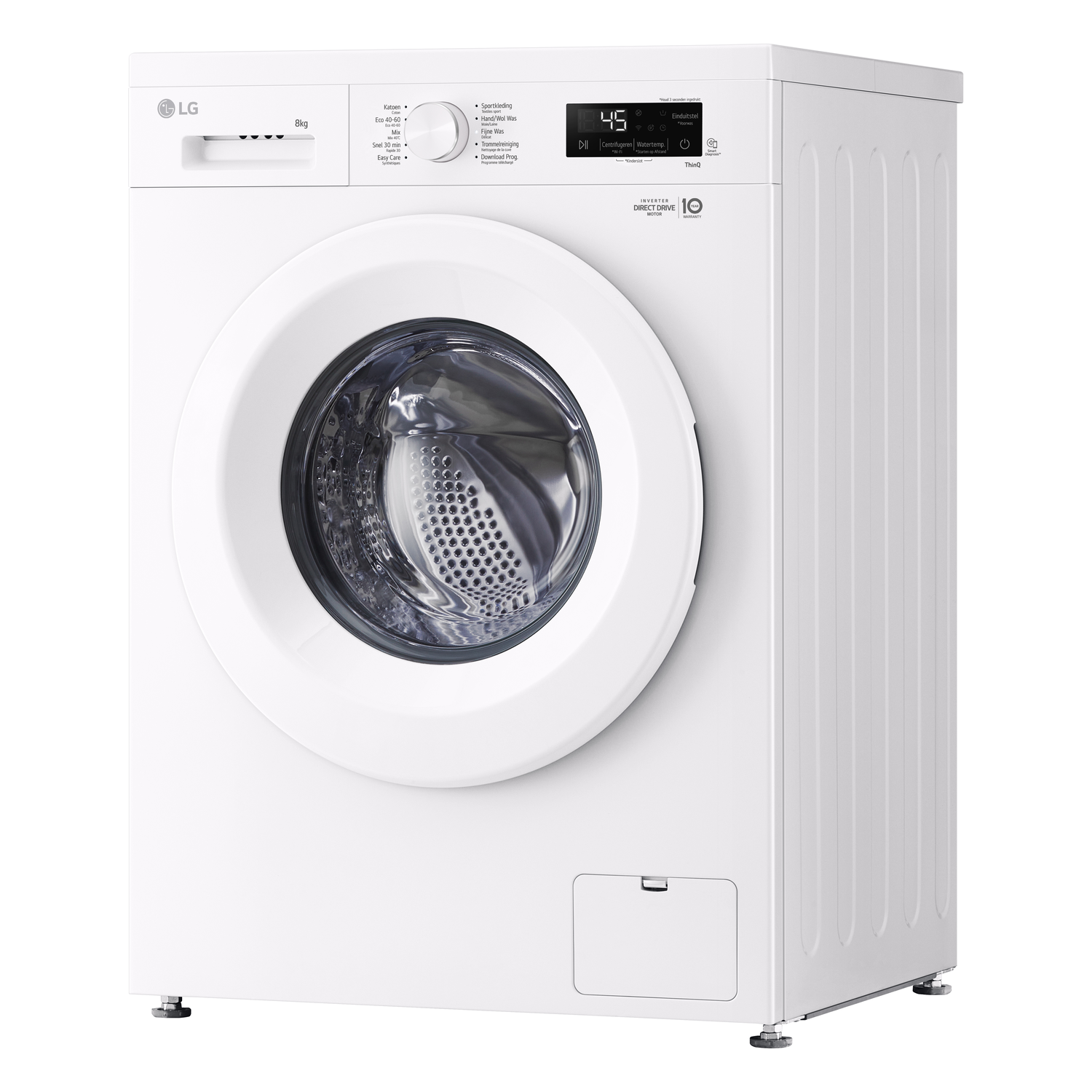 White LG washing machine, front view, dial and digital display visible.