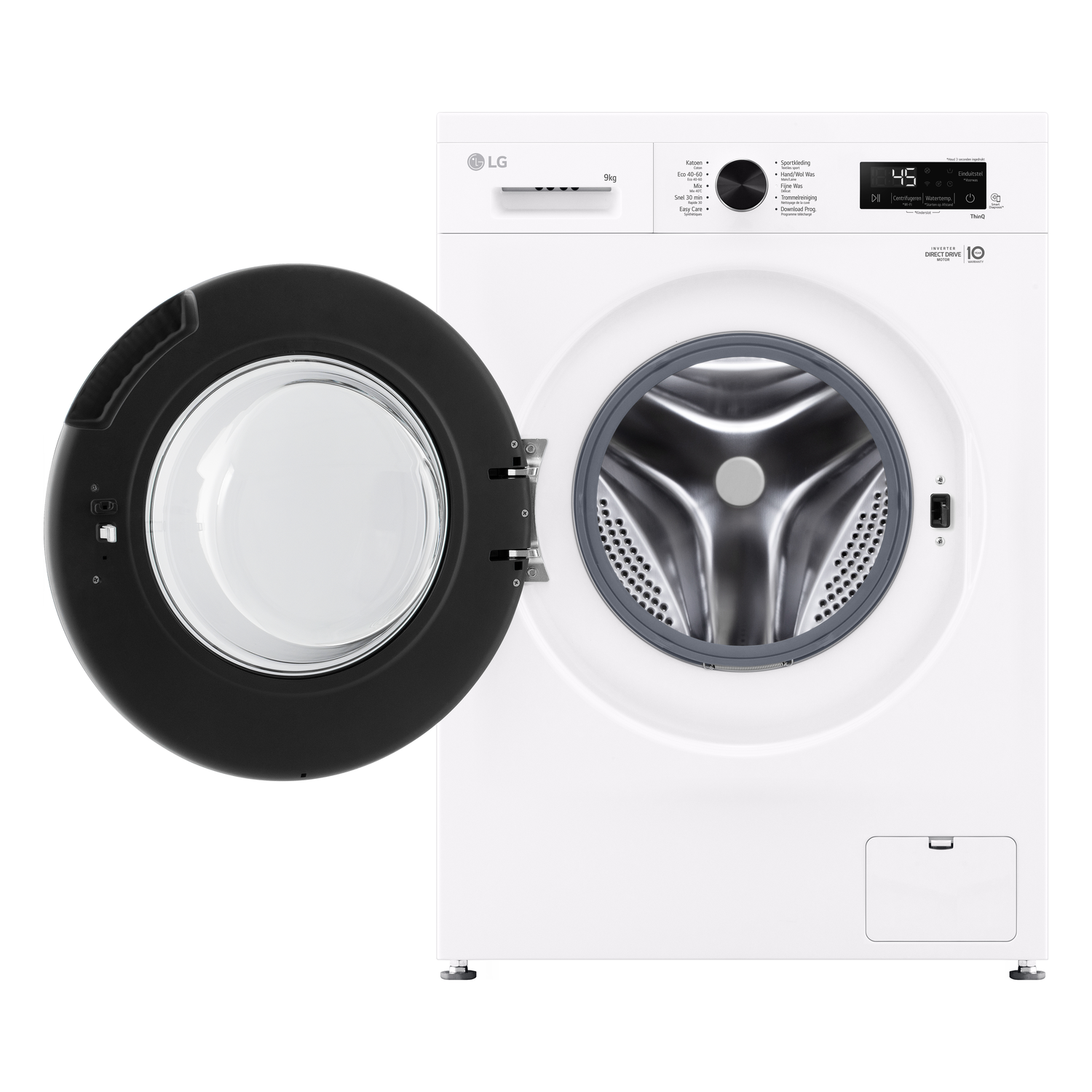 White washing machine with the door open, showing the drum.
