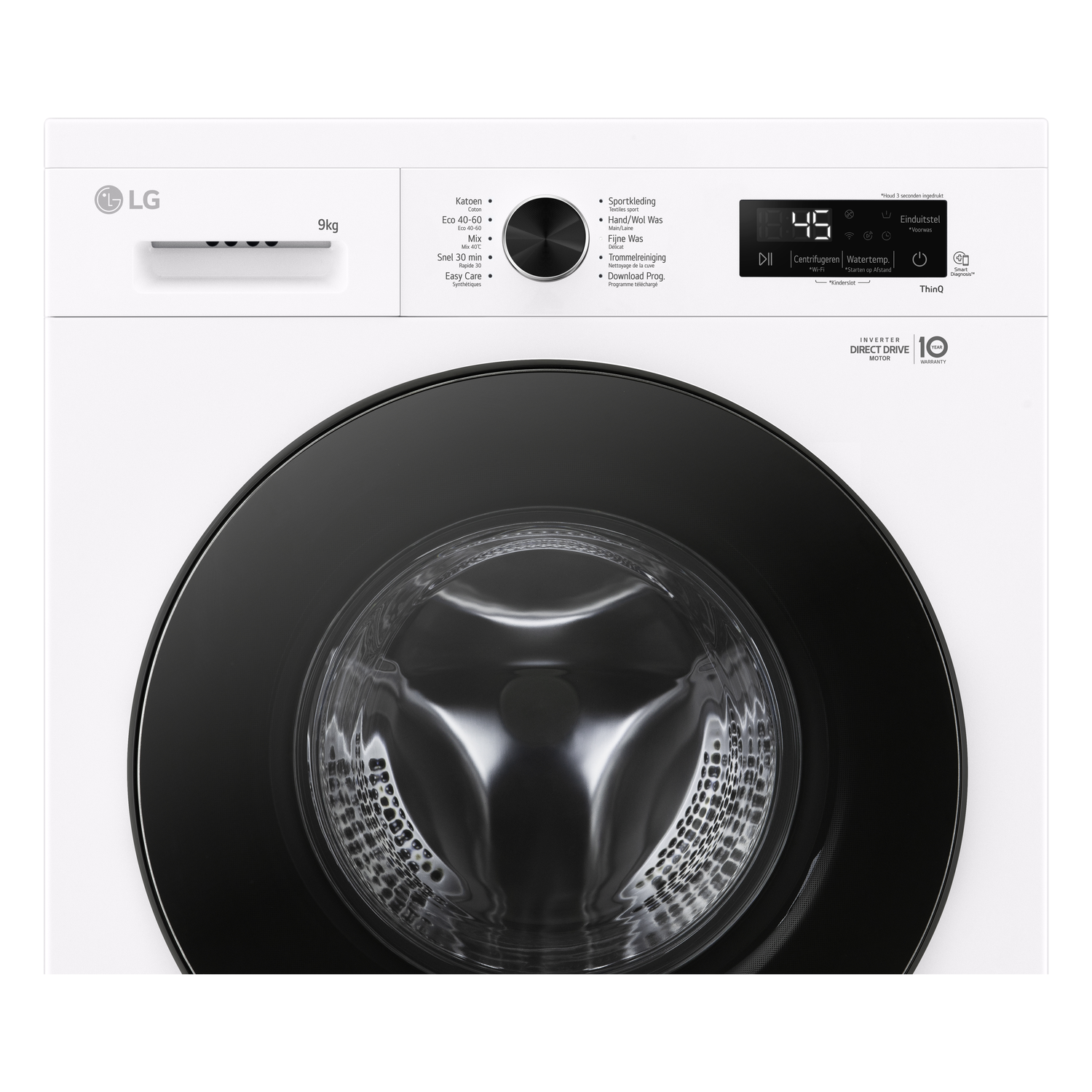 Front view of a white LG washing machine with a black door and control panel.