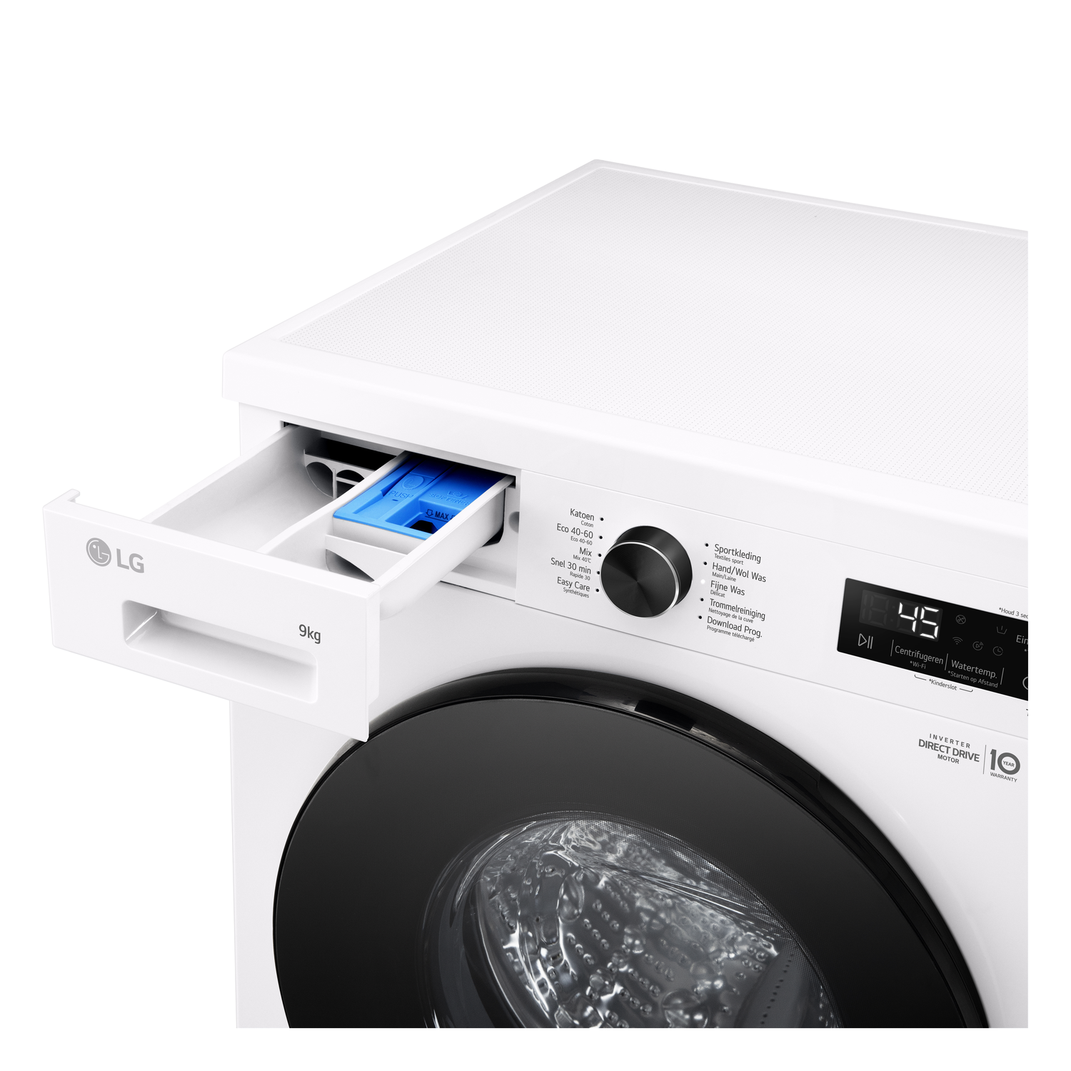 A white LG washing machine with an open drawer holding a blue detergent pod.