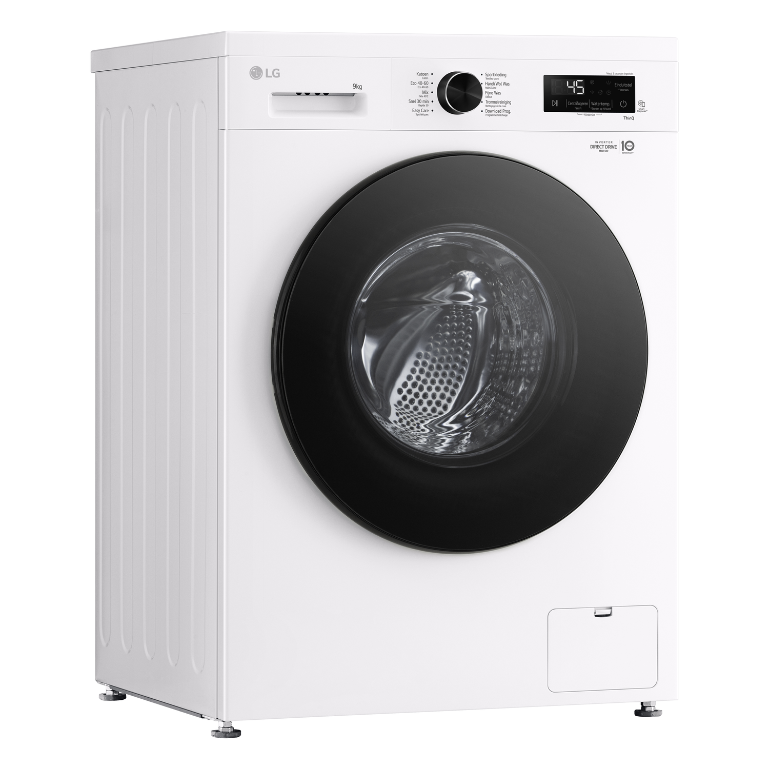 White LG washing machine with a black door, buttons on top.