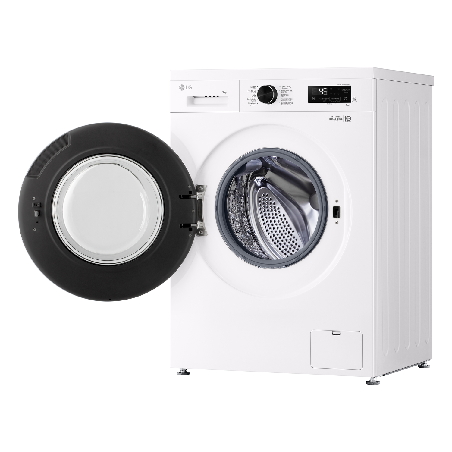 White washing machine with open black door on the left. The drum is visible.