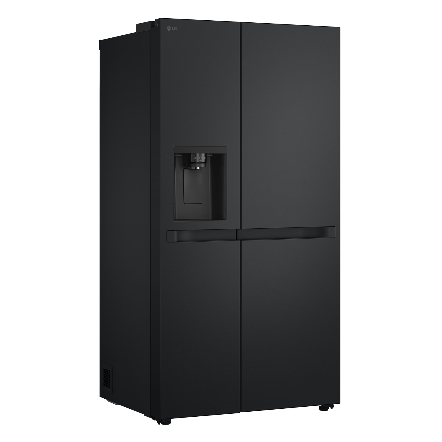 Black side-by-side refrigerator with a water dispenser on the door.