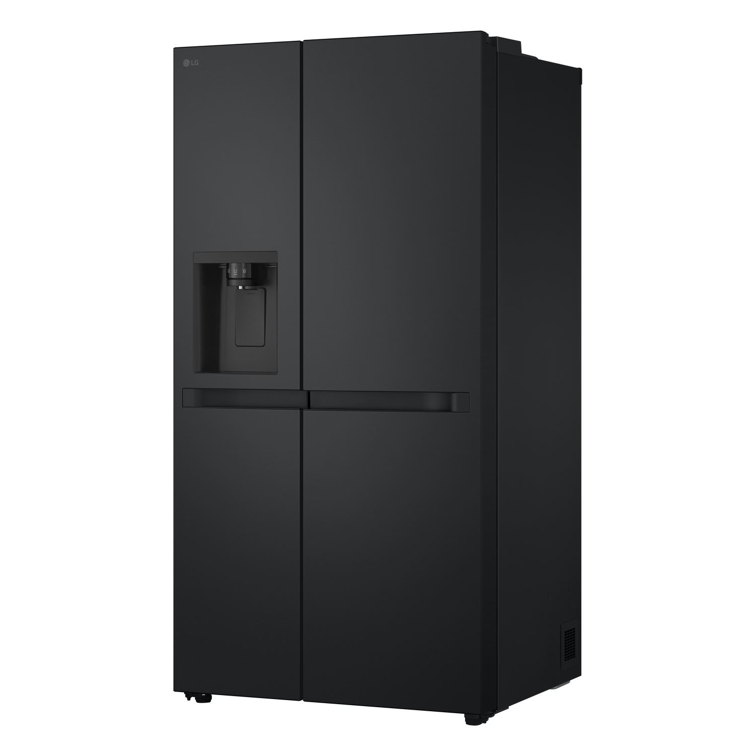 Black LG side-by-side refrigerator. It has a water dispenser and four doors.