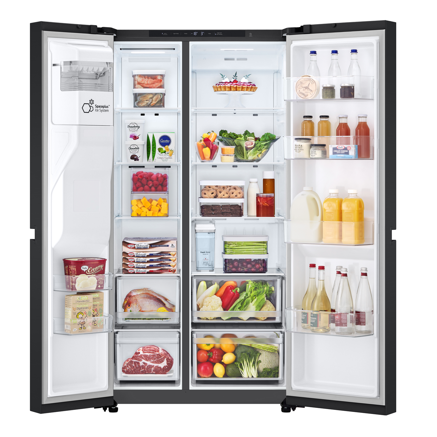Open black refrigerator with food items on shelves and in drawers. Fruits, veggies, and drinks.