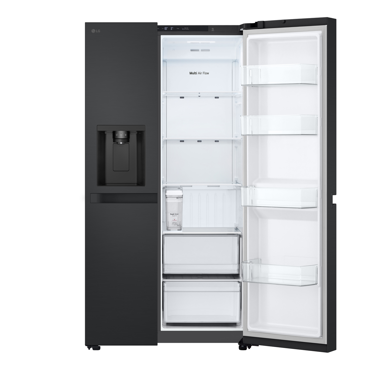 Black LG refrigerator with open doors, showcasing shelves, drawers, and contents.