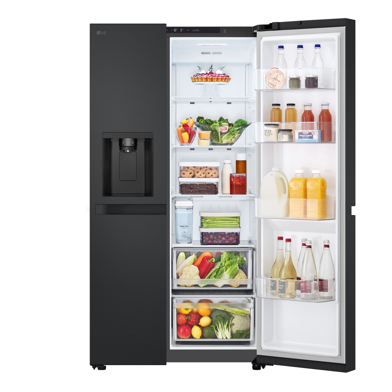 Black LG refrigerator, open, filled with food and drinks. White interior.