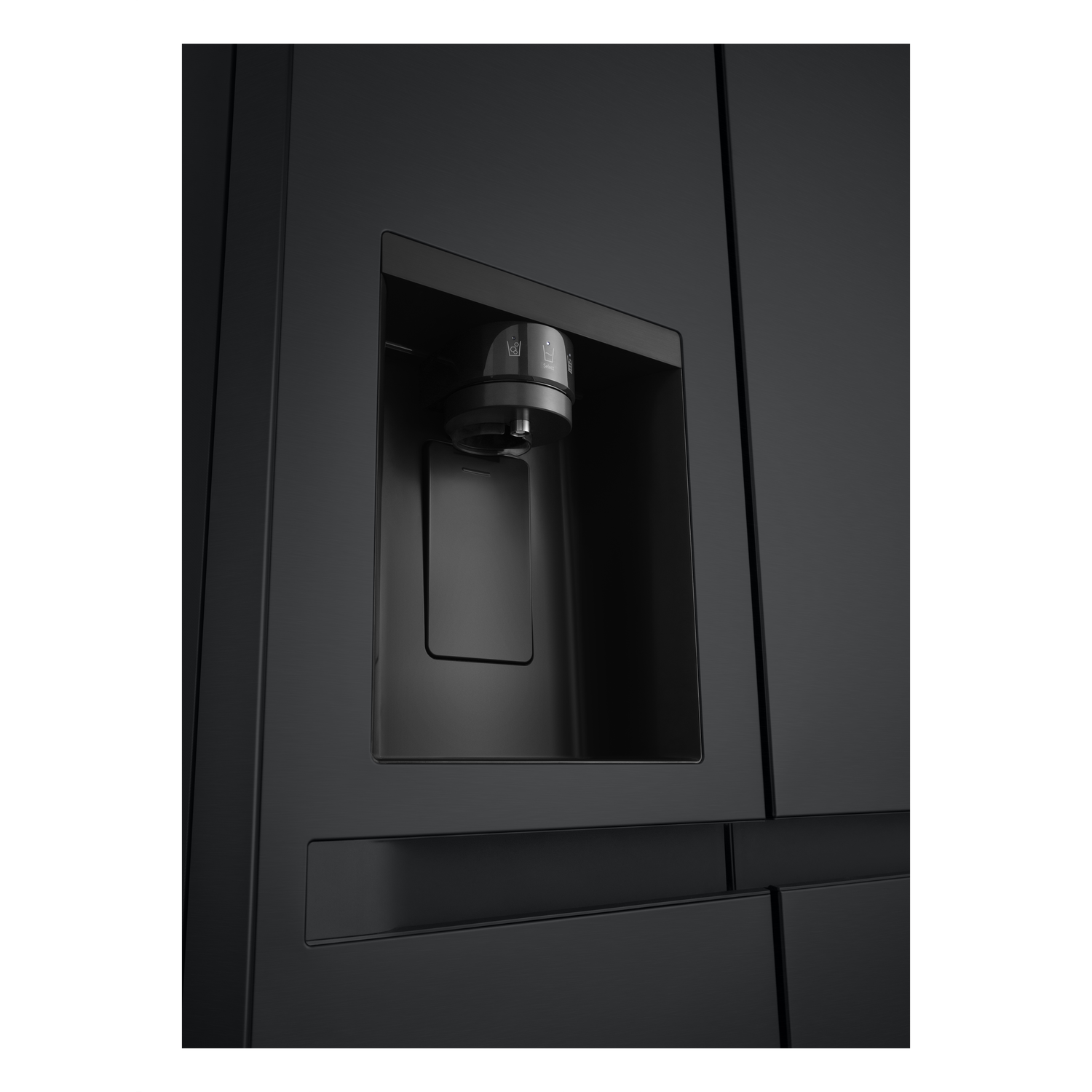 Close-up of a black refrigerator water dispenser.
