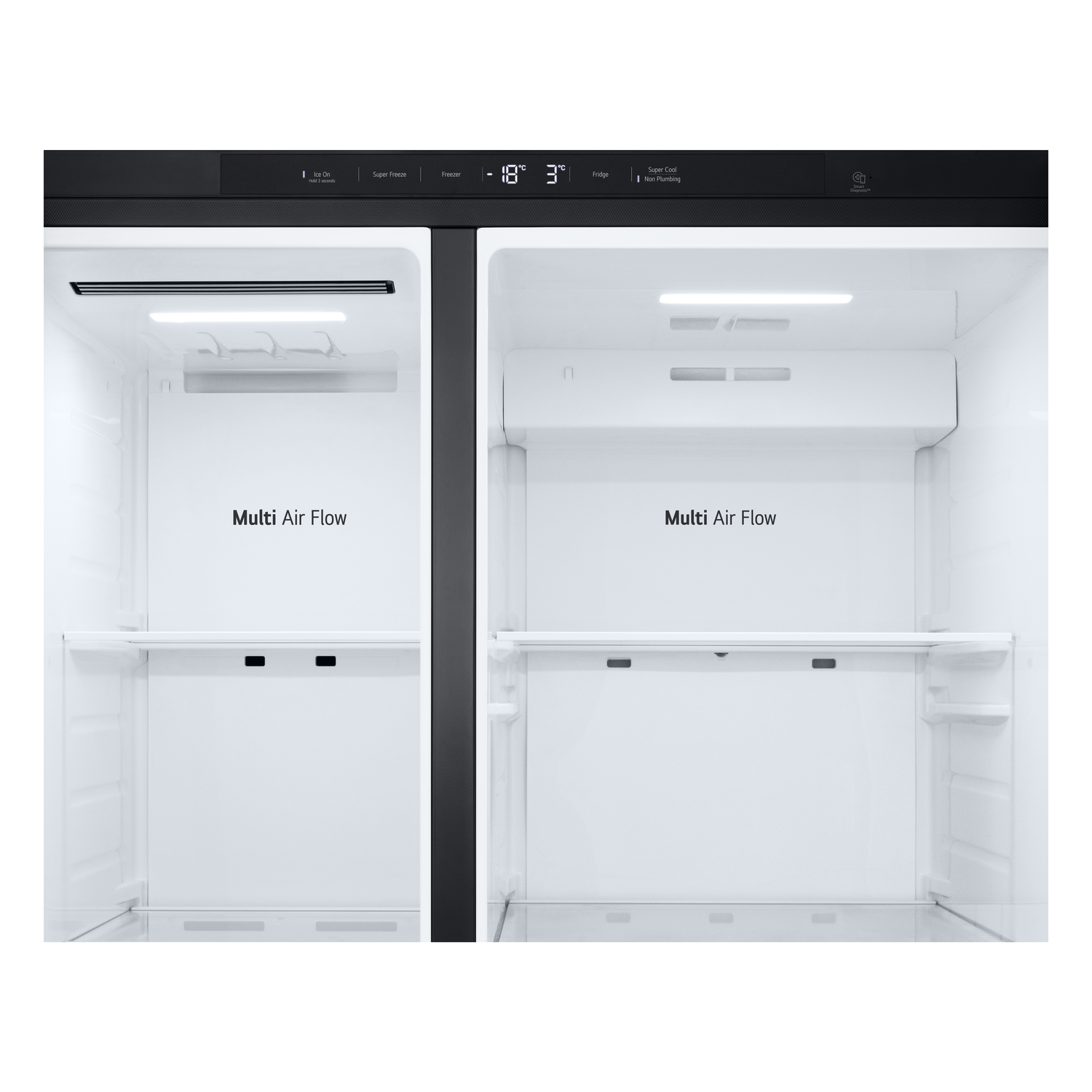 Open refrigerator interior with white shelves. Labels: Multi Air Flow, Super Freeze, and -18°C.