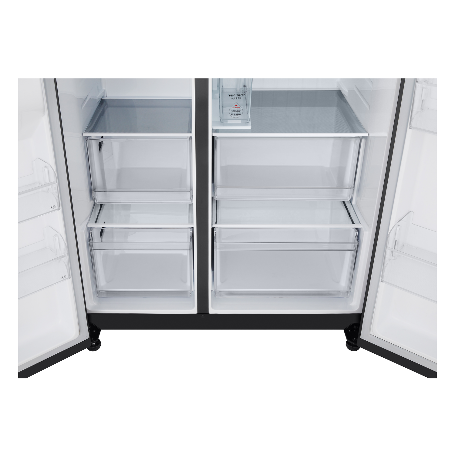 Open refrigerator interior with drawers, shelves, and a water dispenser.