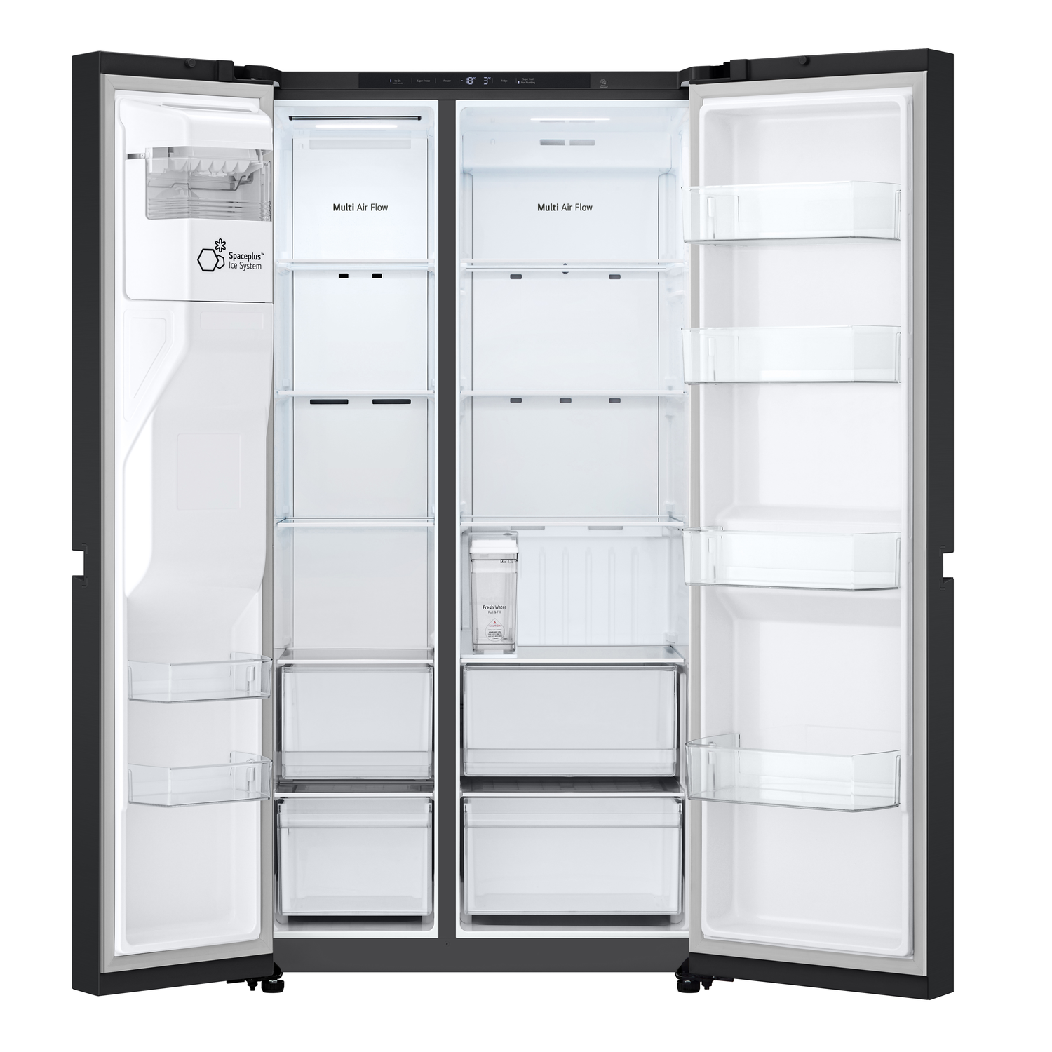 Open black refrigerator with various shelves, drawers, and compartments, white interior.