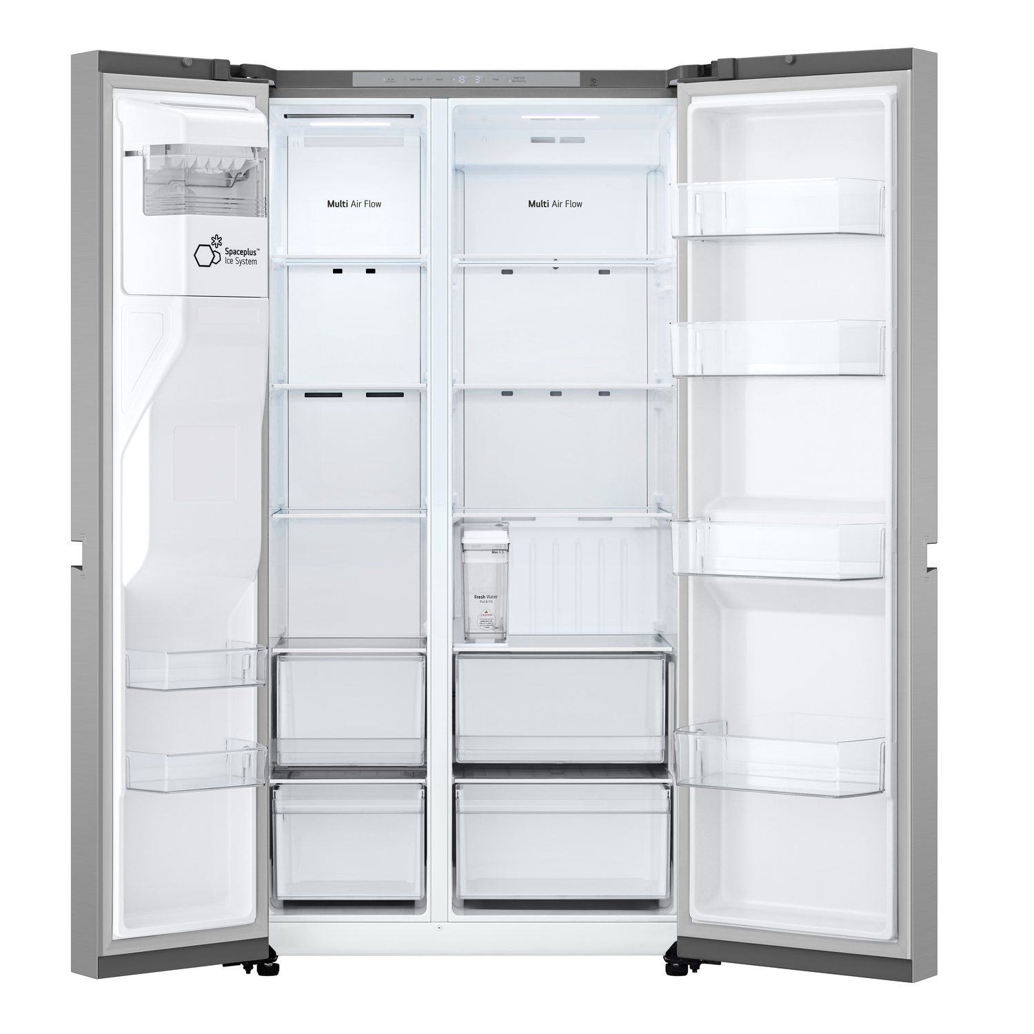 Open LG koelkast interieur. Planken en laden zijn zichtbaar, met een dispenser op de deur.