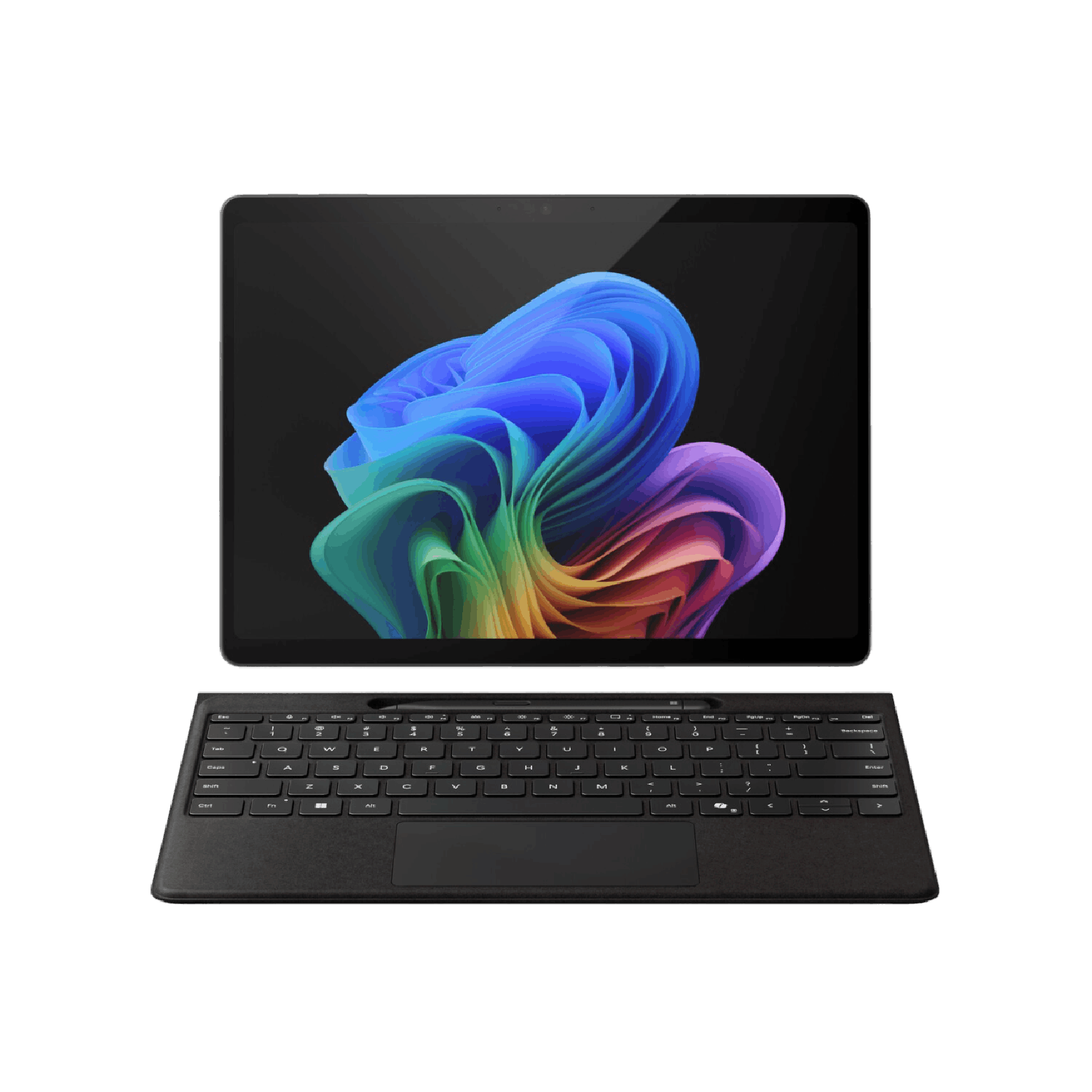 Een tablet met een toetsenbord. De tablet toont een kleurrijk abstract ontwerp op het scherm. Zwarte achtergrond.