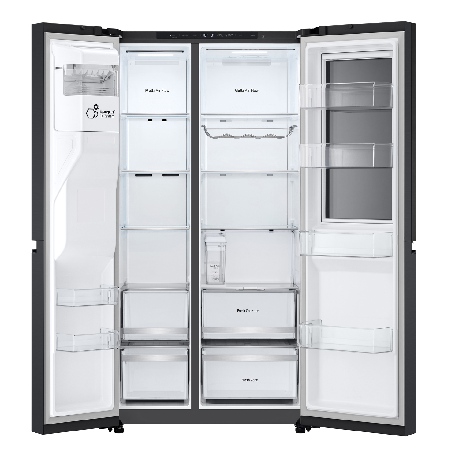 Opened, black LG refrigerator with multiple shelves and drawers.