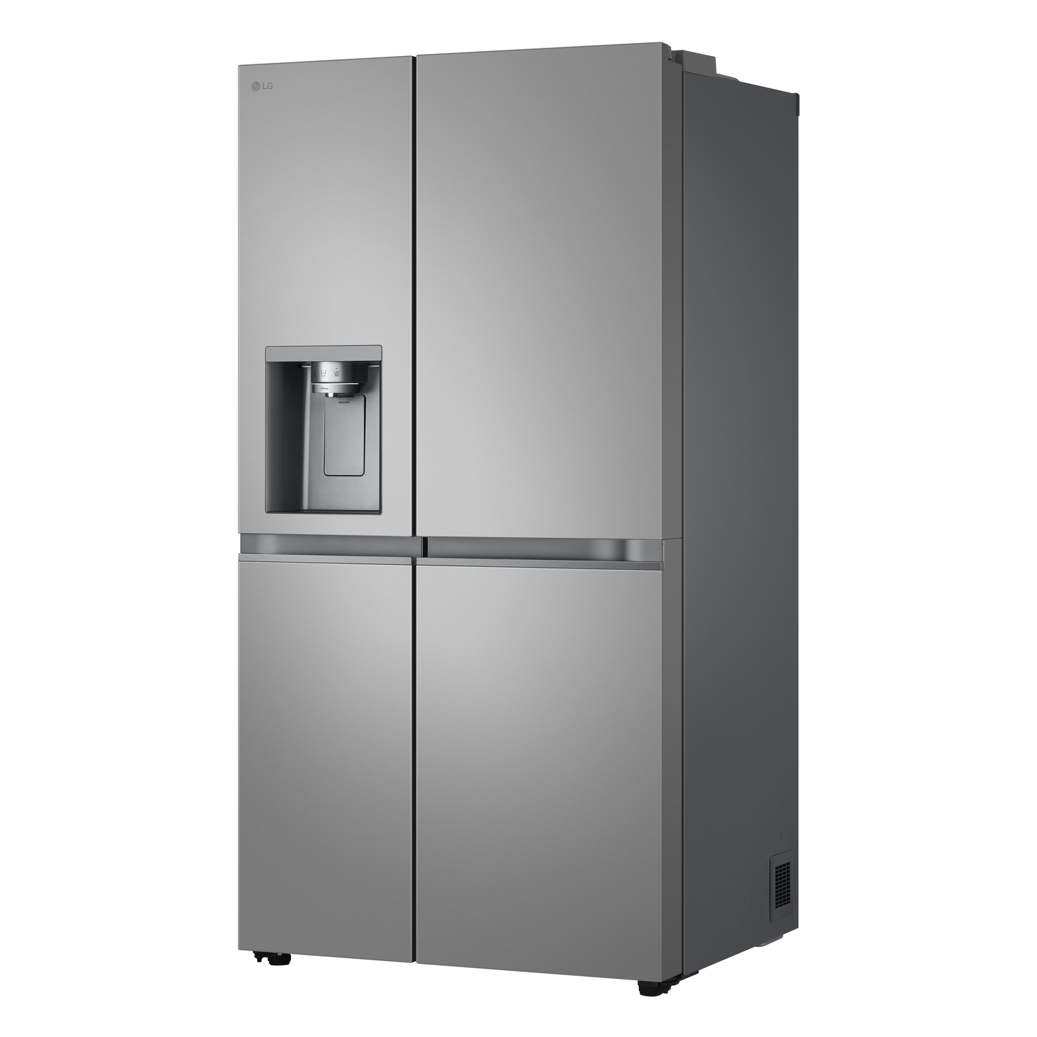 A silver refrigerator with two doors on each side, with a water dispenser.