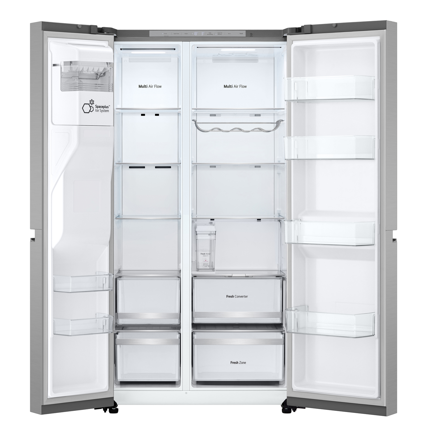 Open LG refrigerator, interior view. Shelves, drawers, and food storage compartments. Silver exterior, white interior.