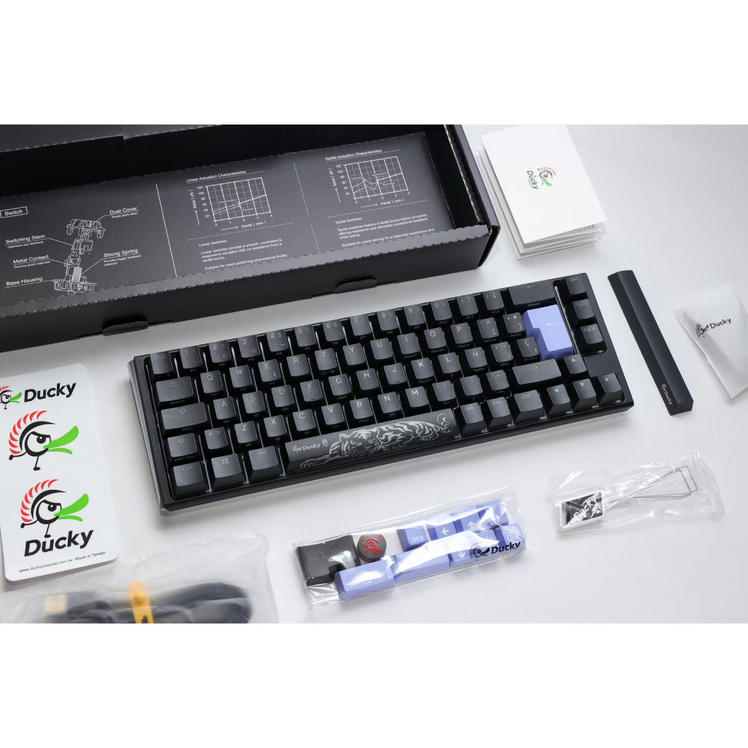 Un teclado mecánico negro y morado con teclas y accesorios sobre una superficie blanca. El teclado está abierto.