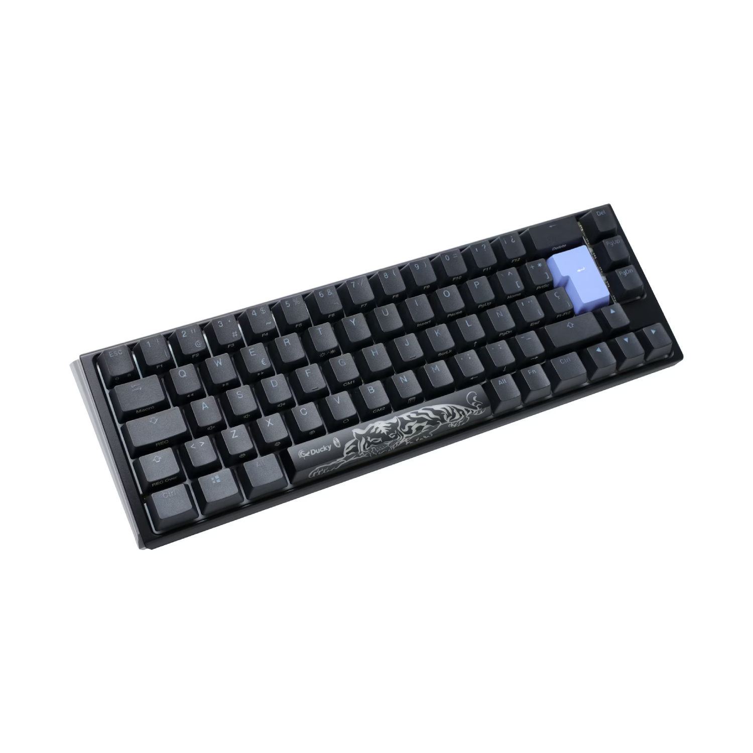 Teclado mecánico negro con diseño de tigre. Tiene tecla Intro azul y fondo blanco.