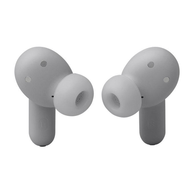 Dos auriculares grises, cada uno con una punta. El auricular izquierdo está marcado con una 'L'.