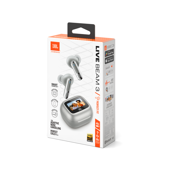 Caja de auriculares JBL Live Beam 3 que muestra los auriculares, el estuche de carga y las funciones.