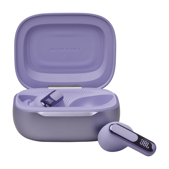 Auriculares JBL en un estuche de carga. El estuche y los auriculares son de color lila claro.