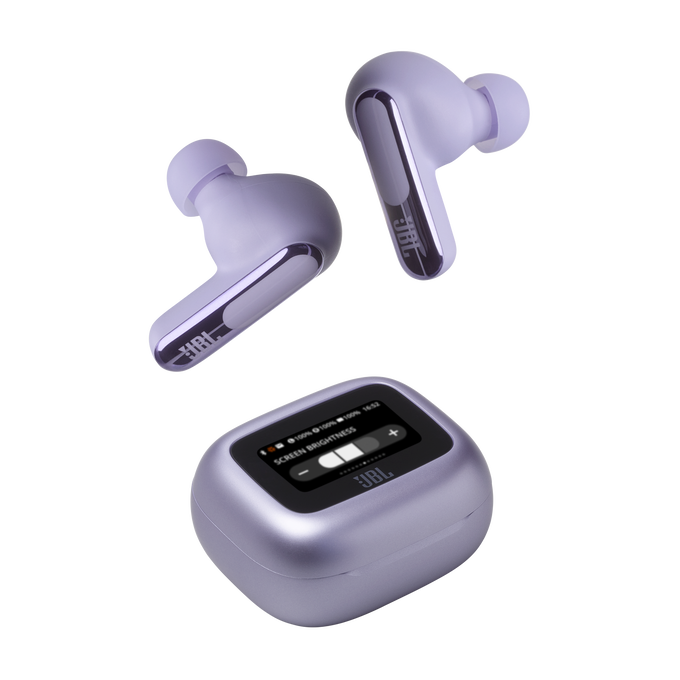 Auriculares JBL lavanda y estuche de carga. El estuche tiene una pantalla con controles de brillo.