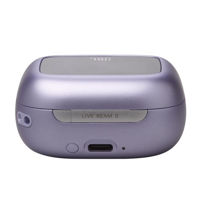 Un estuche de carga JBL morado con la inscripción LIVE BEAM 3.