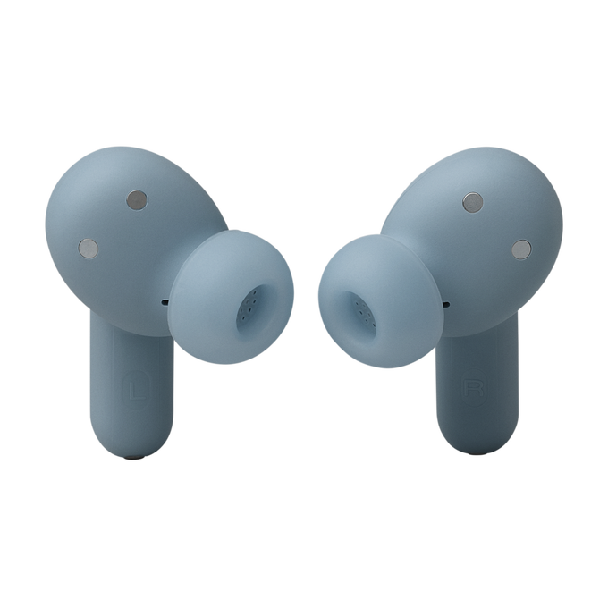 Dos auriculares inalámbricos azul claro. Cada uno tiene un punto plateado. El fondo es negro.