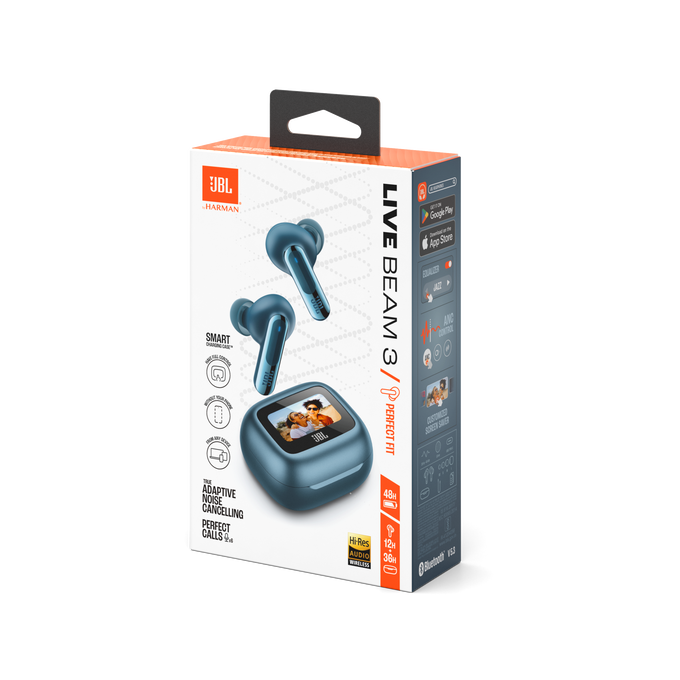 Caja de auriculares JBL con auriculares azules y estuche de carga, fondo blanco, características y especificaciones.