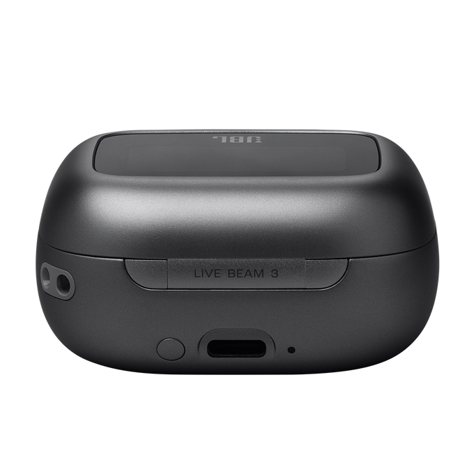 Estuche de carga JBL Live Beam 3 negro. El estuche está abierto.