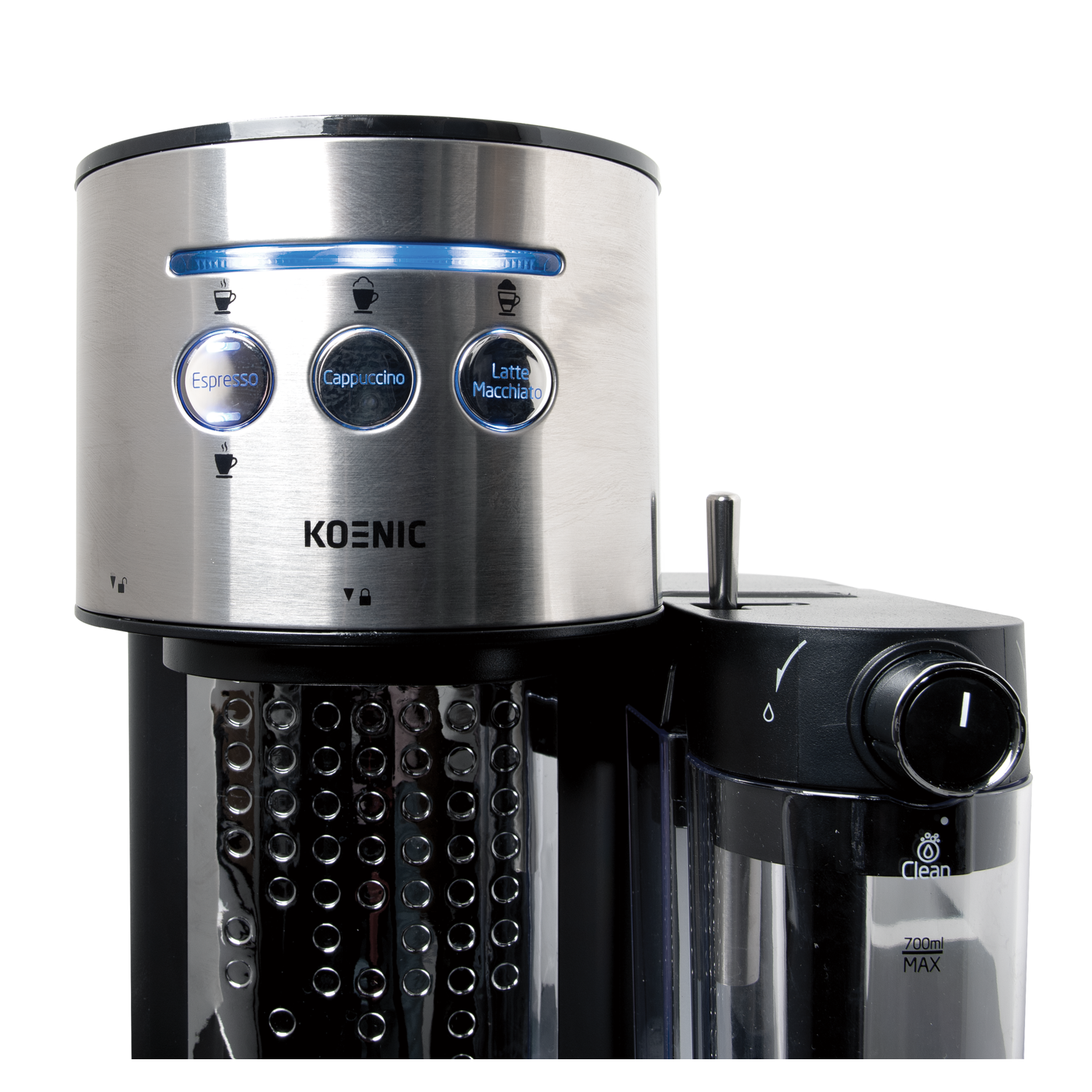 A stainless steel coffee machine with buttons for espresso, cappuccino, and latte.