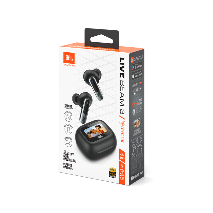 Caja de auriculares JBL Live Beam 3 con estuche negro y auriculares visibles.