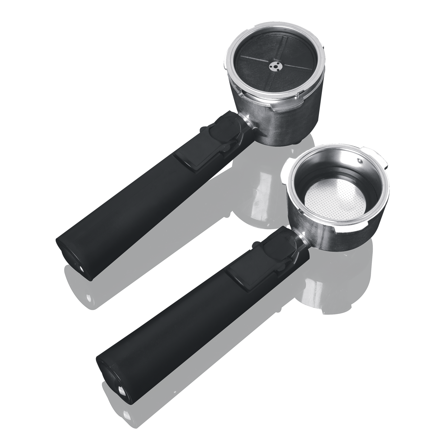 Two black portafilters on a reflective surface. The portafilters are for an espresso machine.