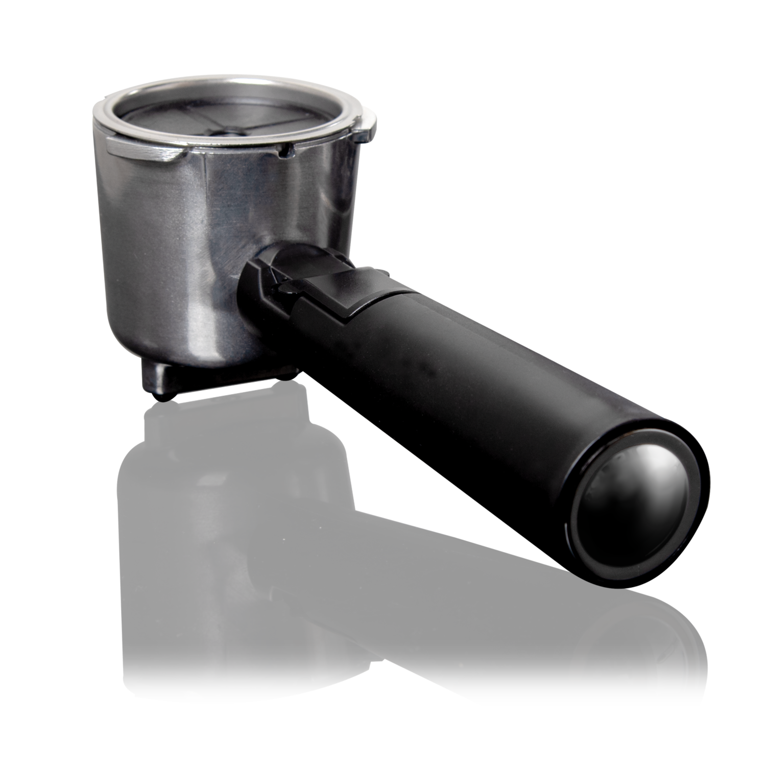 A stainless steel portafilter with a black handle, angled, on black background.