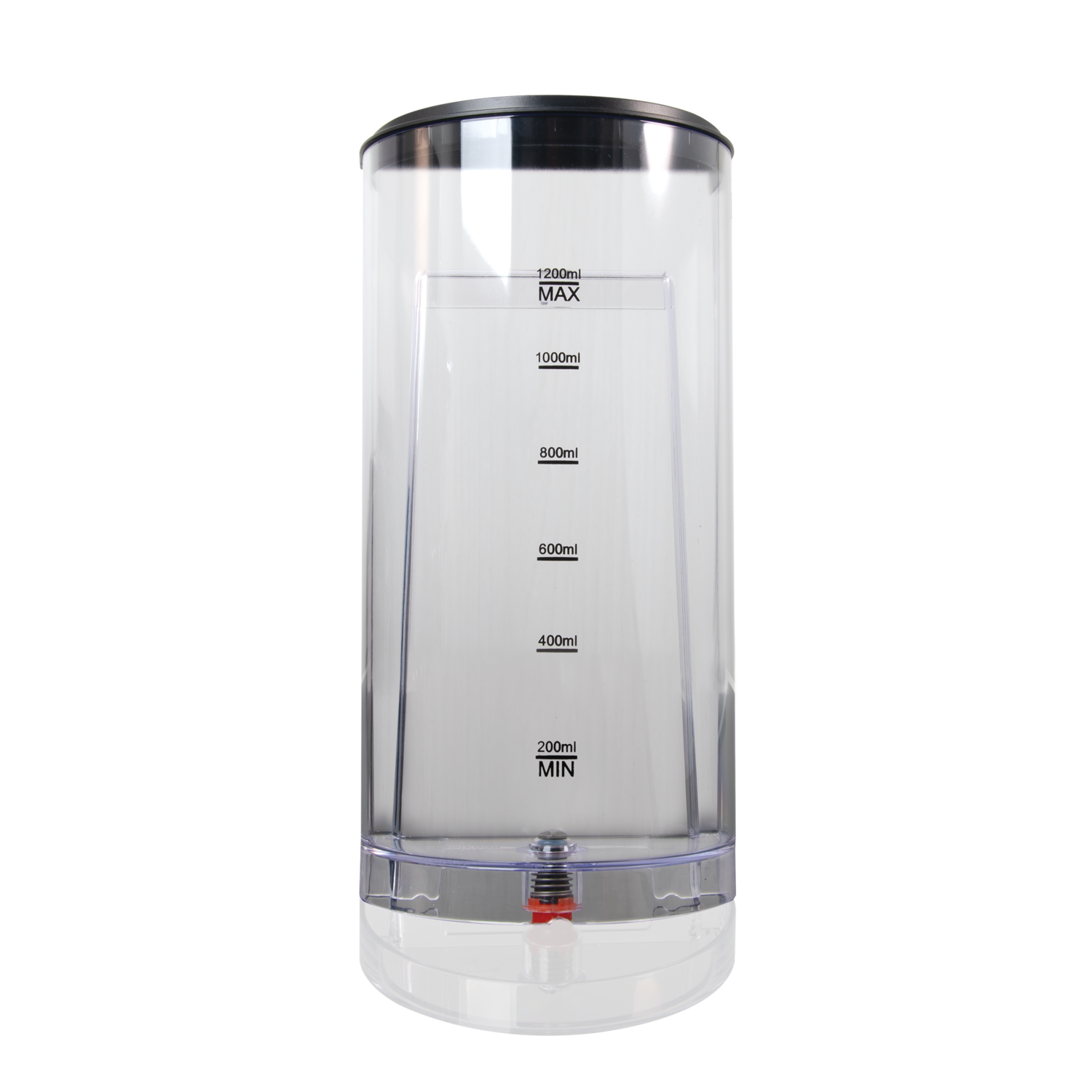 Clear plastic water container with measurement markings and a red valve at the bottom.