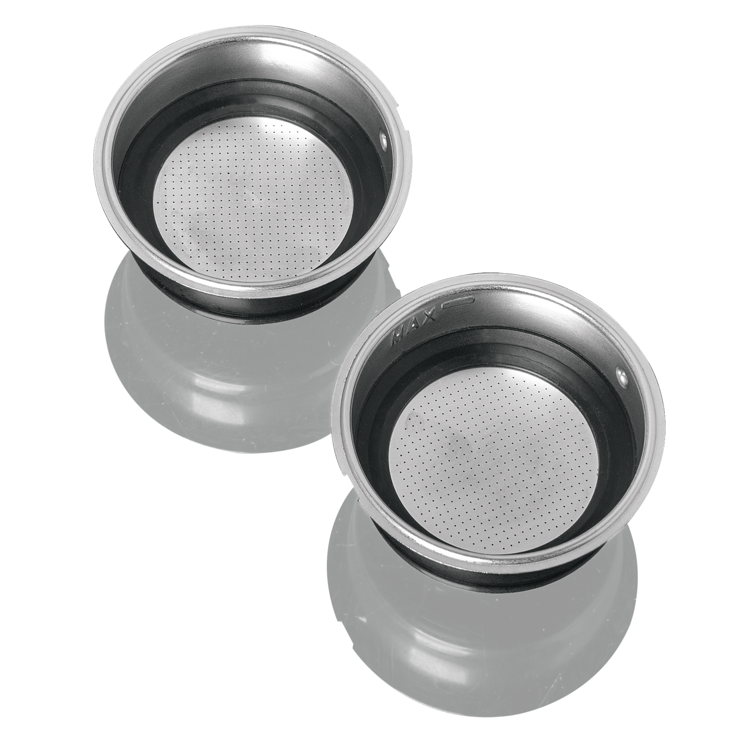 Two metal espresso machine filter baskets. They are silver with small holes and black rubber rings.