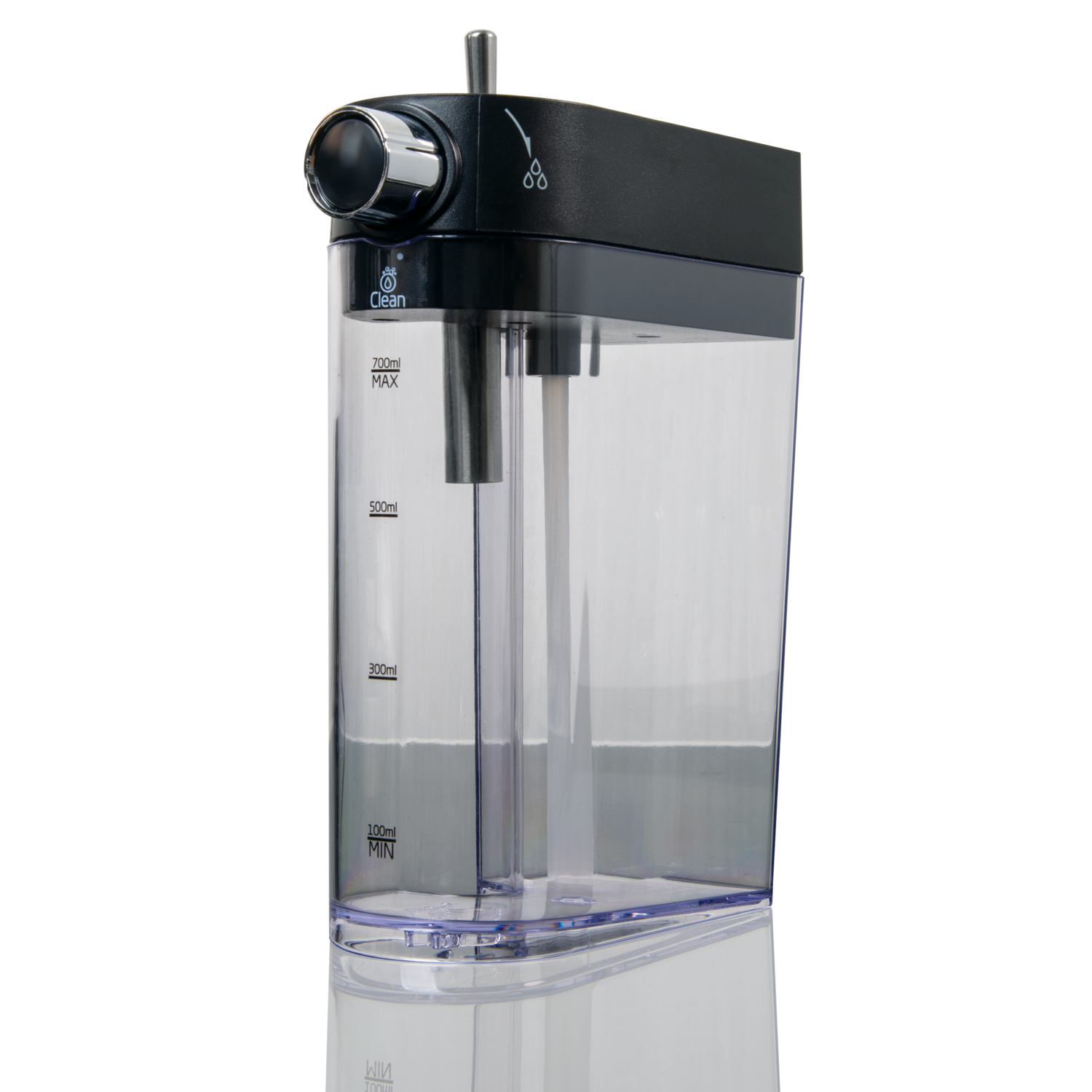 Clear plastic water tank with black top. Measuring lines and a dial on top.