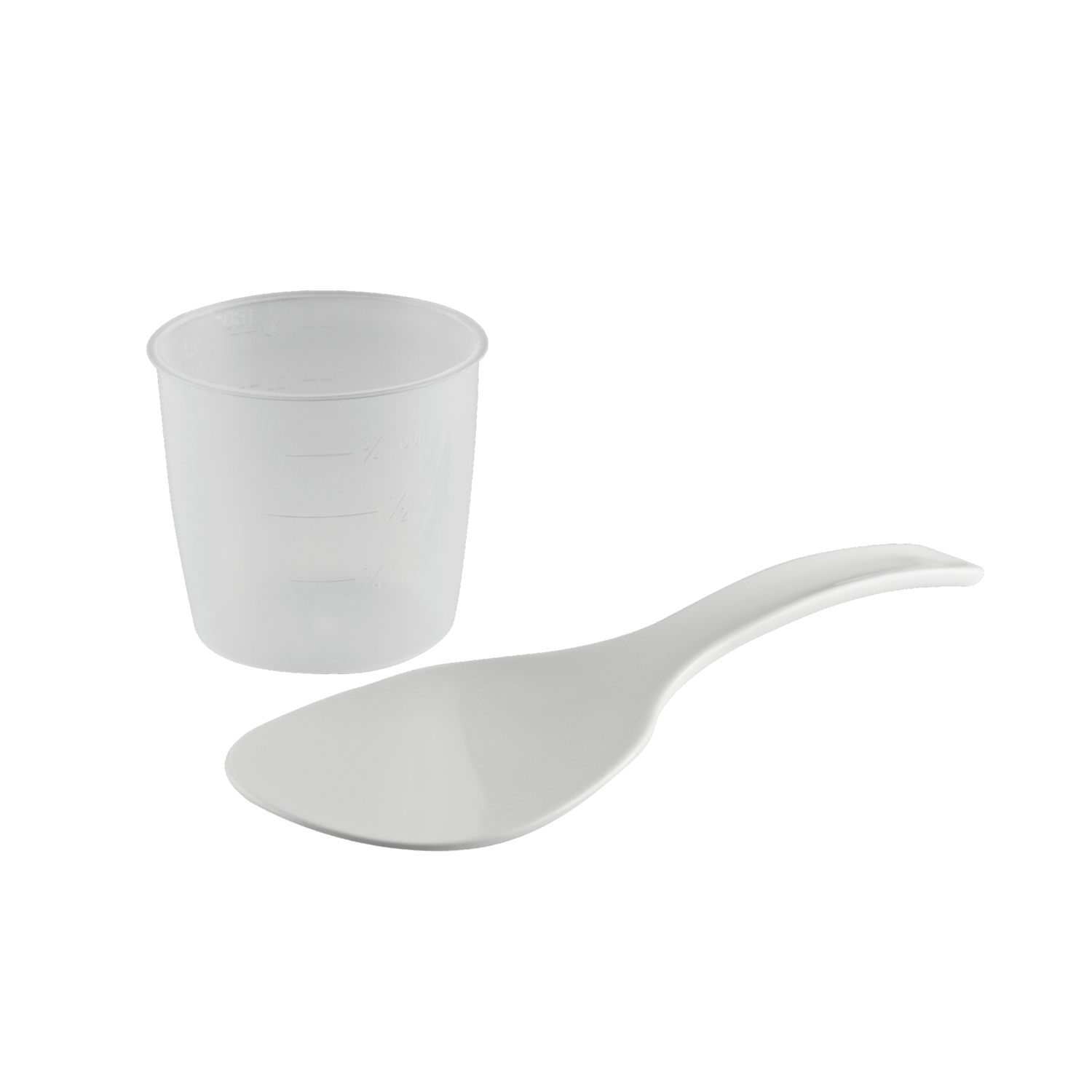 White measuring cup and white spoon on black background.