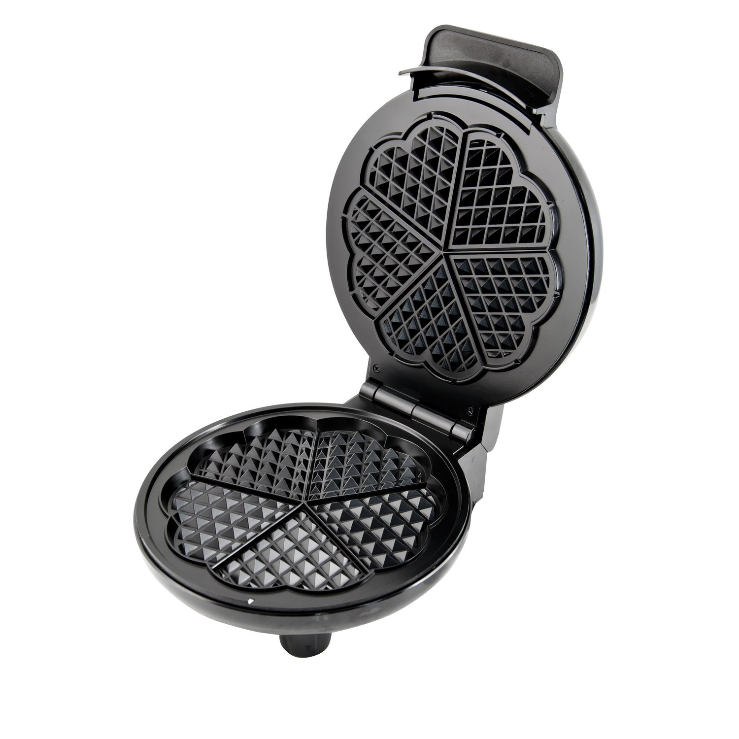 An open black waffle maker showing four heart-shaped waffle molds.