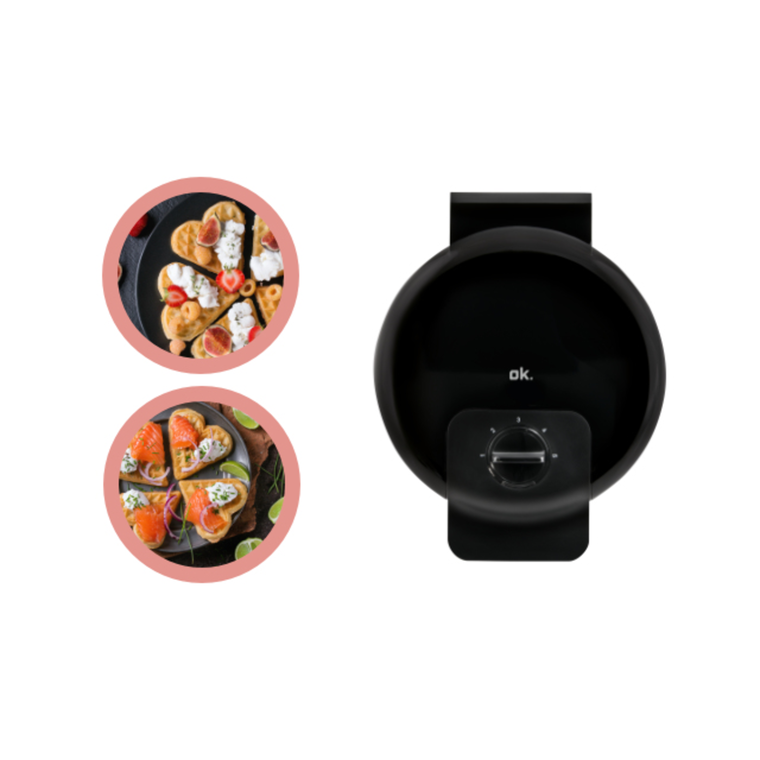 Ok waffle maker, with two inset images of waffles. Pink background elements. Black appliance.
