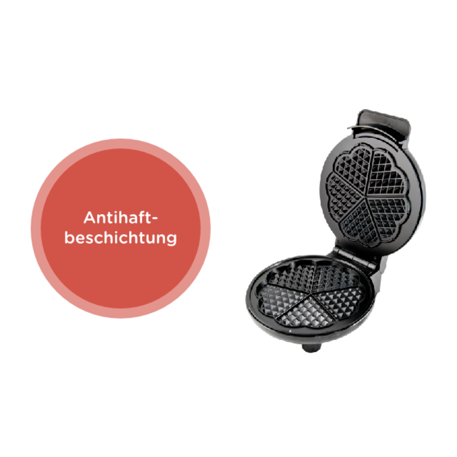 A waffle maker open. The waffle iron has heart-shaped patterns. Red circle with text 'Antihaftbeschichtung'.