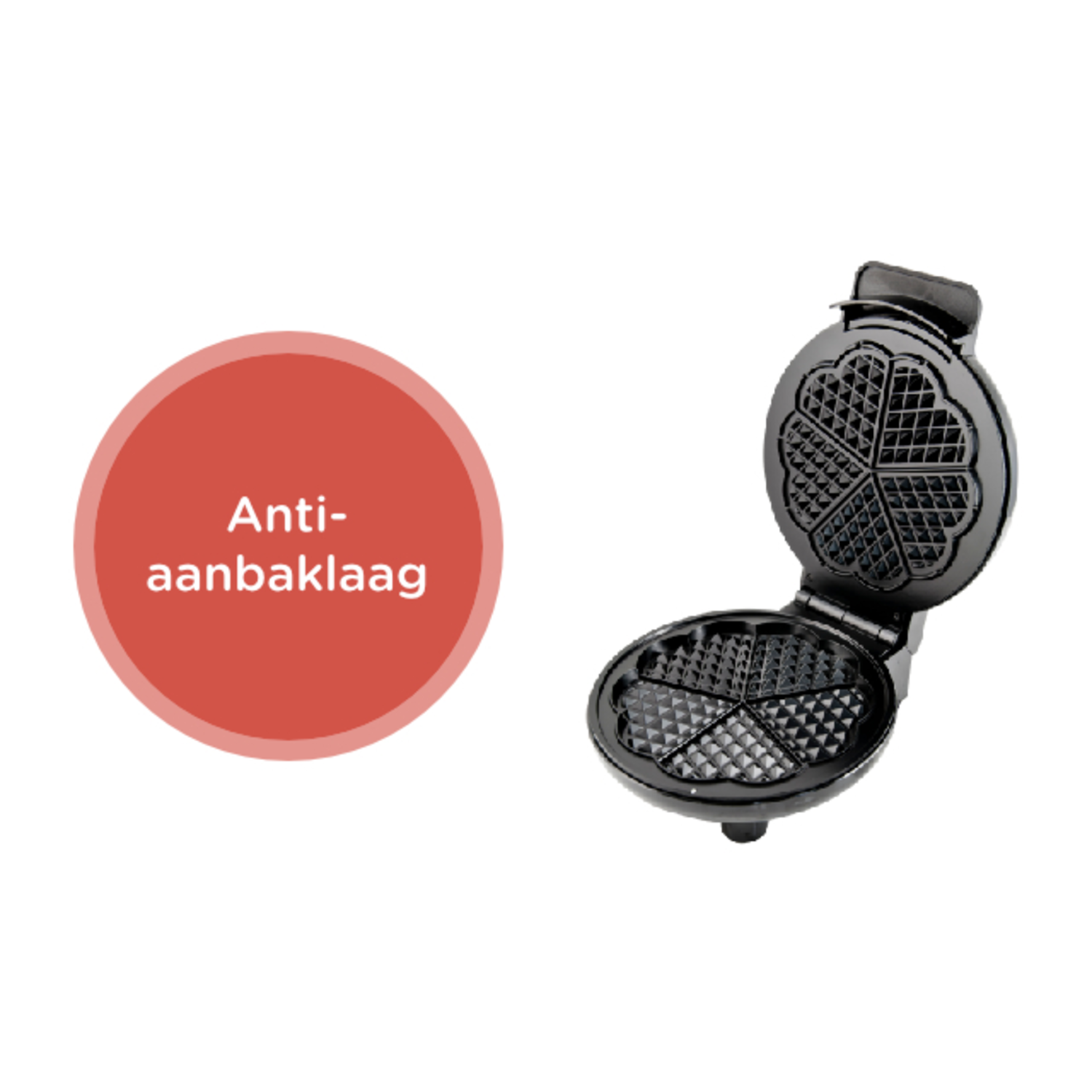 An open waffle maker showing the cooking surfaces, with a red circle and text 'Anti-aanbaklaag'.