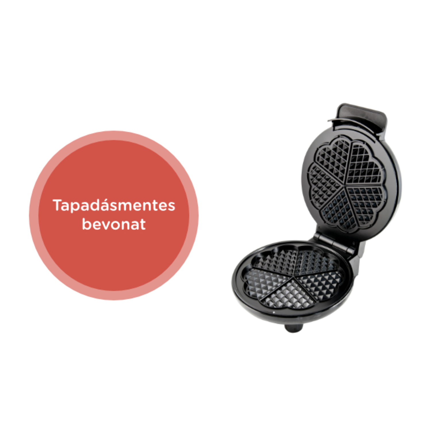 Waffle iron open, with waffles, and a red circle with text.